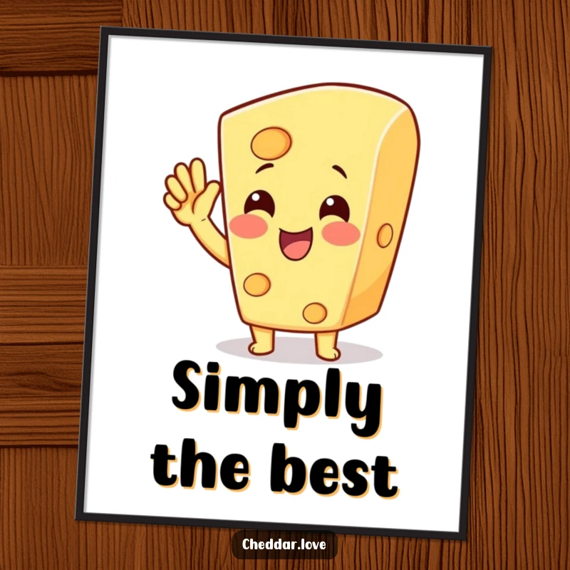 Funny cheese character cheering with a raised hand, perfect for a humorous art print, a funny gift.