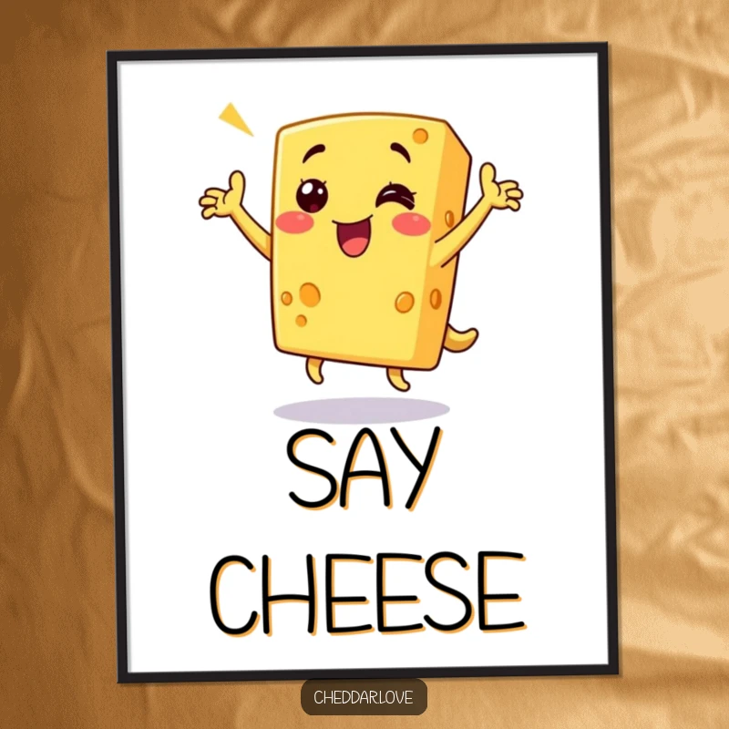 Funny cheese poster art of a grinning piece of cheddar cheese doing a triumphant dance, adding delicious humor and decor.
