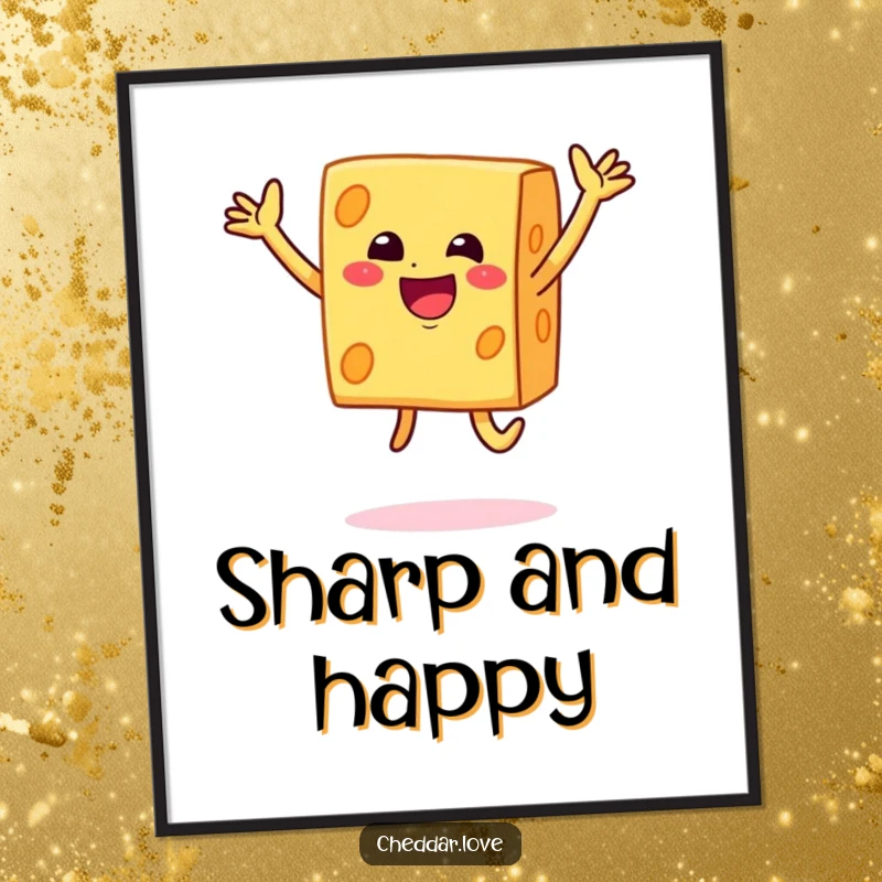Funny smiley block of cheddar cheese captured in a joyful jump on this humorous and vibrant poster art.