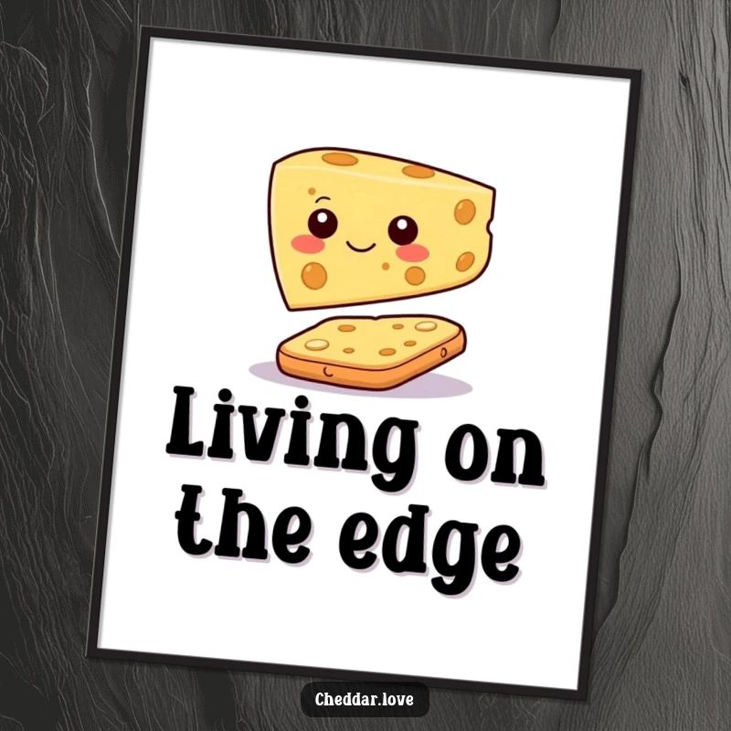 Funny poster depicting a happy cheese slice character in a precarious balance on a cracker, embodying playful food art.