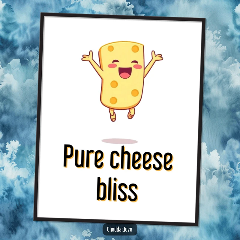 Funny poster of a joyful cheese chunk leaping high in the air with sheer excitement, celebrating all things cheesy and fun.