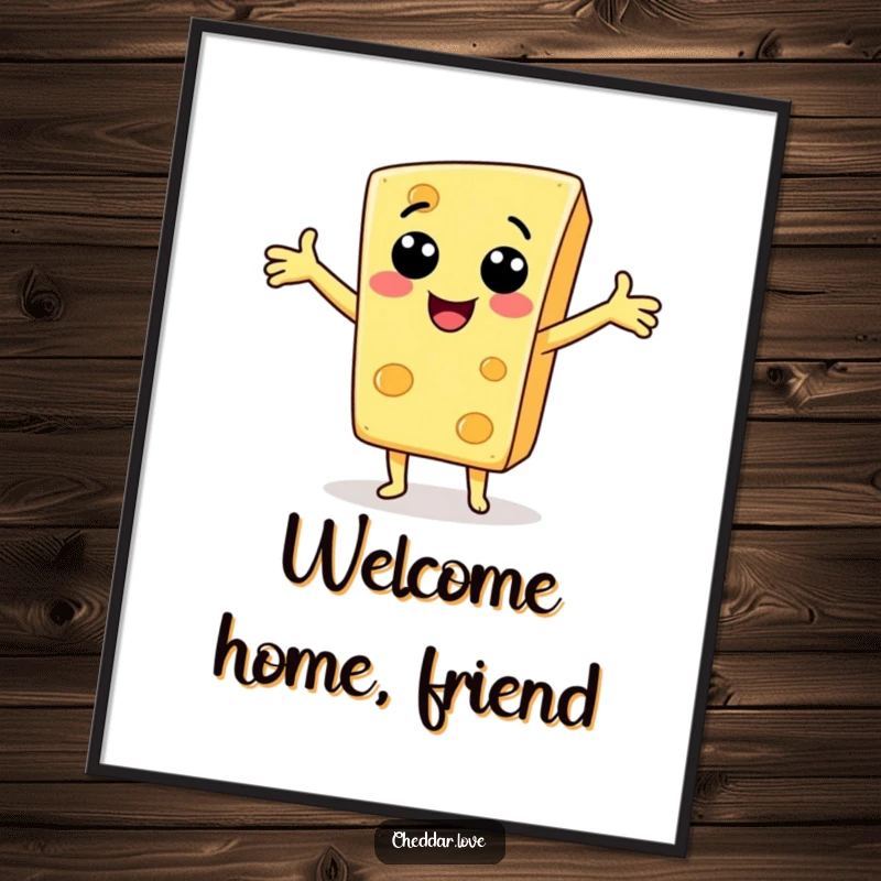 Funny Poster: A smiling cheese slice with open arms, depicted as a friendly character offering a humorous welcome.
