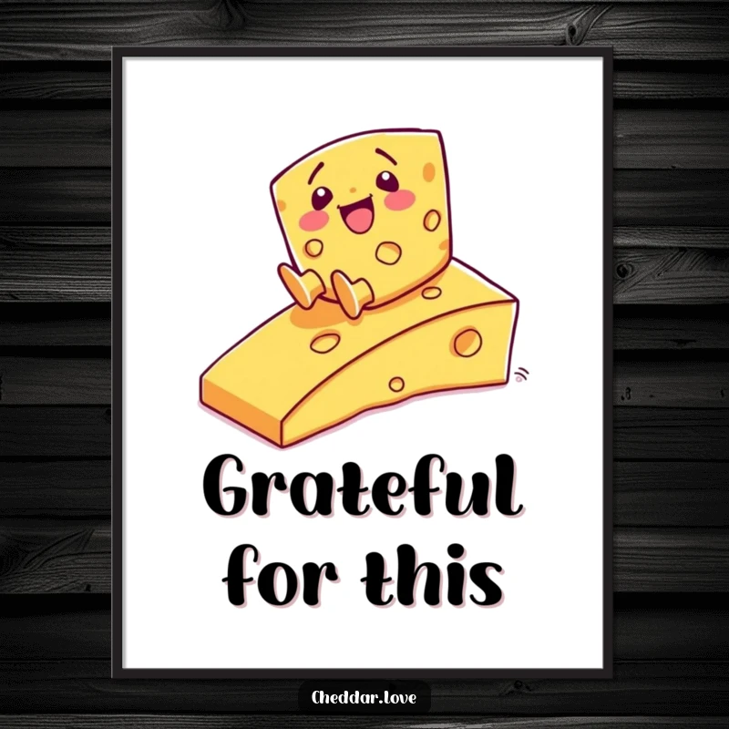 Funny Poster: A happy cheese character in motion, sliding down a textured cheesy ramp with infectious glee.