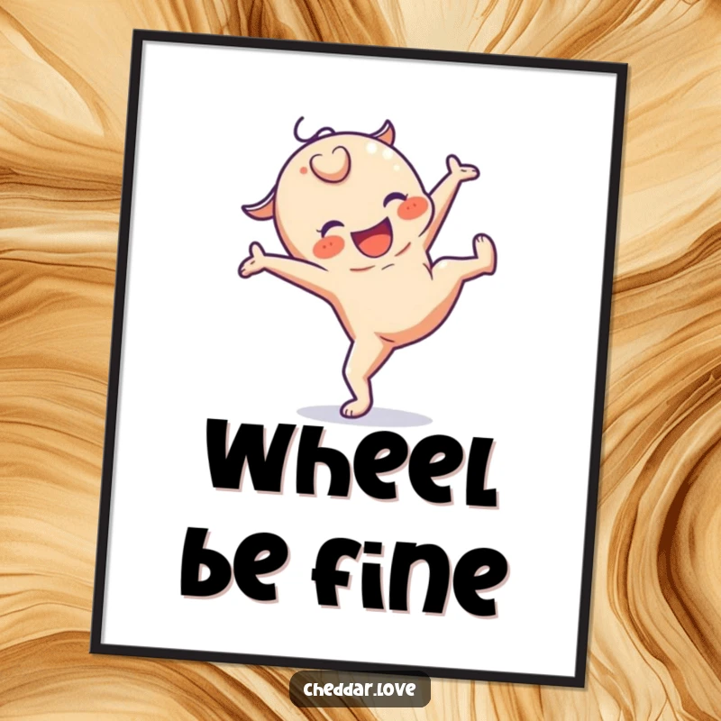 Funny poster art of a smiling cheese character in a cartwheel, symbolizing pure joy and active fun.