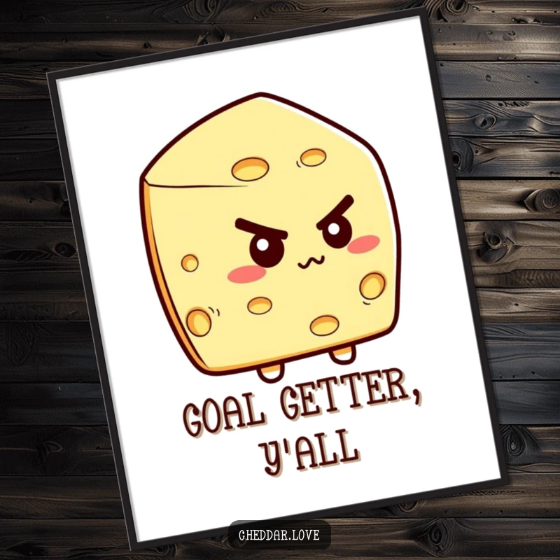 Funny poster of a determined cheese wedge, exuding focus and readiness for adventure. An excellent funny gift.