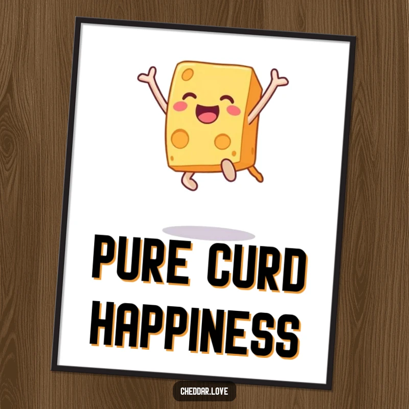 Funny poster displaying a cheese block in a dynamic, joyful leap, exuding pure happiness and energy. Excellent funny gift.