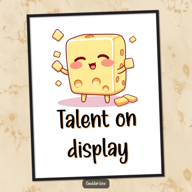 Funny Poster: A winking cheese cube expertly juggles small crackers, showcasing a moment of playful skill and charm.