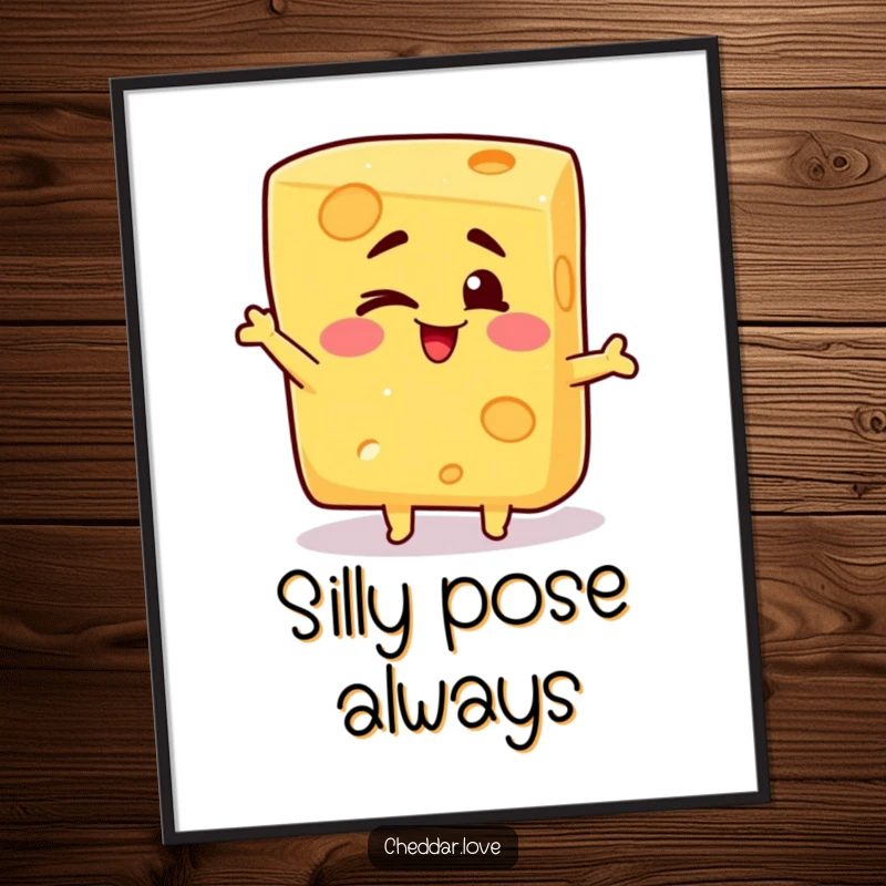Funny cheese poster showcasing a block of cheese with a cheerful wink and a silly pose, adding cartoonish fun.