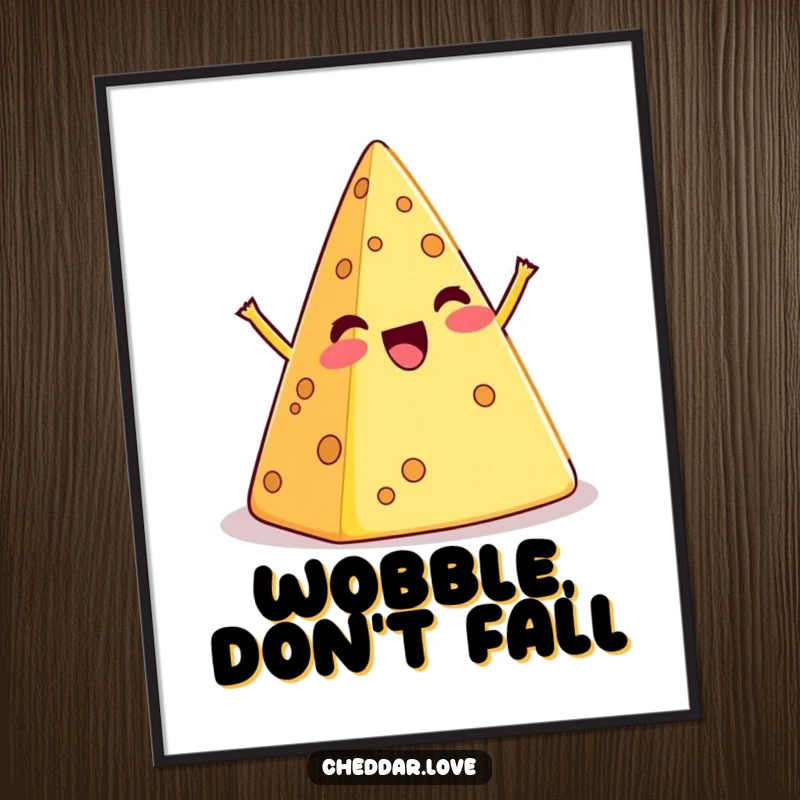 Funny poster featuring a cartoon cheese pyramid in a delightful, exaggerated wobble, ideal for wall decor.