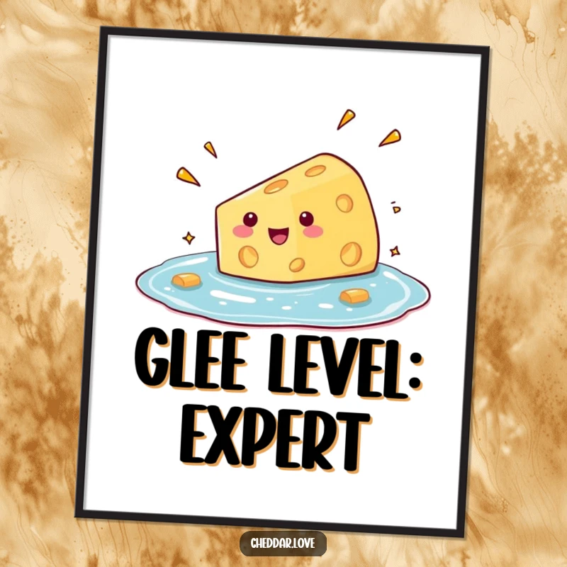 Funny poster of a cheese wedge comically diving into a pool of metaphorical glee, a vibrant and humorous artwork.