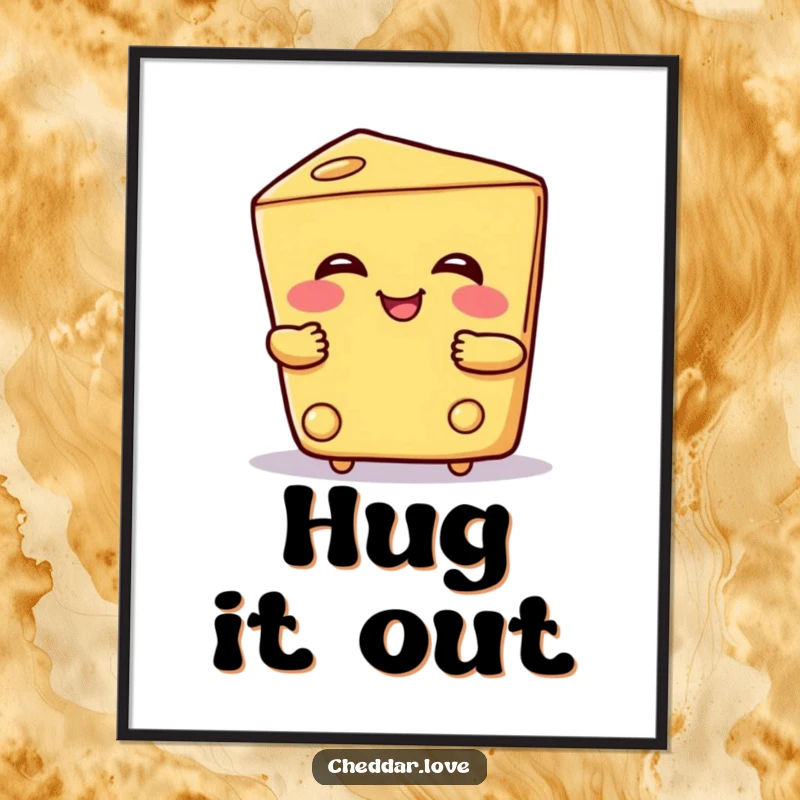 Funny cheese poster featuring a smiling wedge of cheese giving a warm, friendly hug, adding a touch of comfort and humor.