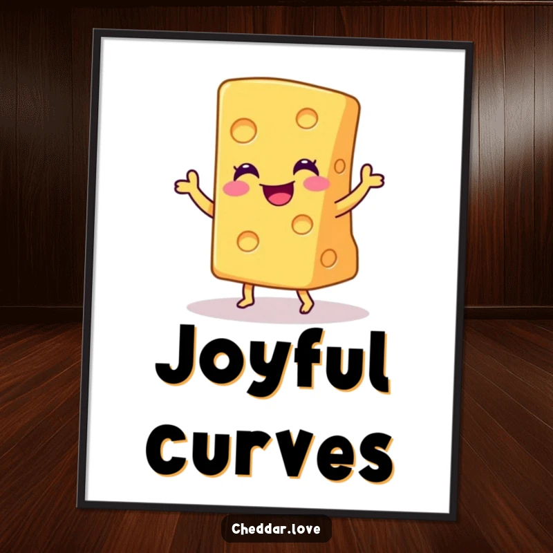 Funny poster of a smiling wedge of cheddar cheese doing a joyful little dance, bringing vibrant happiness to any room.