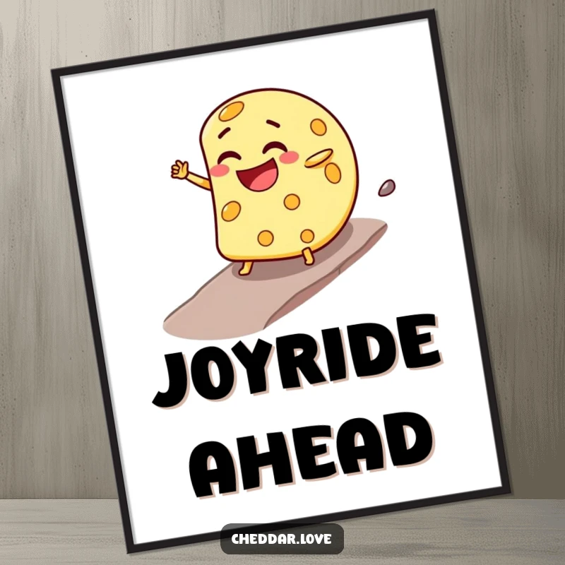 Funny Poster: A cheese wheel with a mischievous grin rolls downhill, capturing a moment of pure, unadulterated fun.