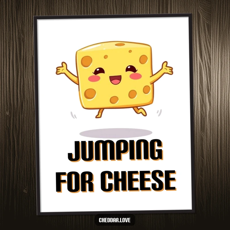 Funny Poster: A cheese cube caught in a hilarious, off-kilter jump, conveying pure silliness and motion.