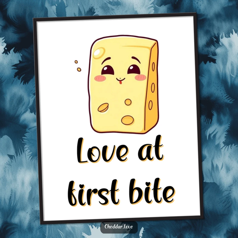 Funny grinning cheese wedge blowing a kiss, a charming and funny poster for decor.