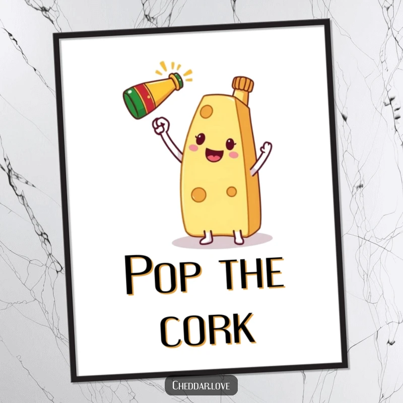 Funny Poster depicting a cheerful slice of cheese holding a mini champagne bottle, celebrating joyfully.