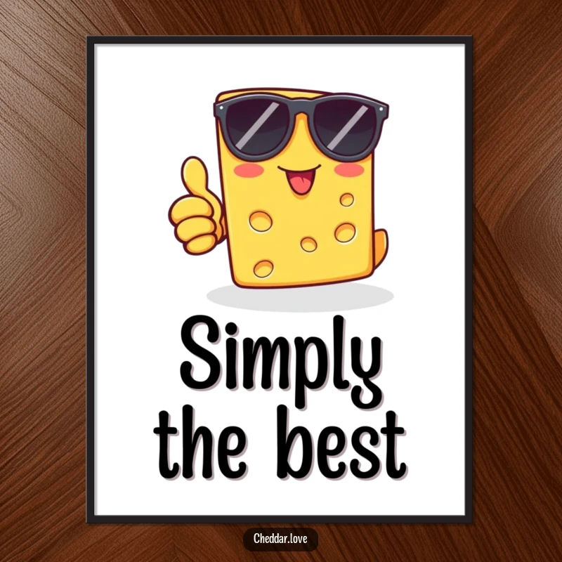 Funny cheddar cheese slice wearing sunglasses, giving a thumbs-up, as a poster, bringing cool, cheesy humor to decor.