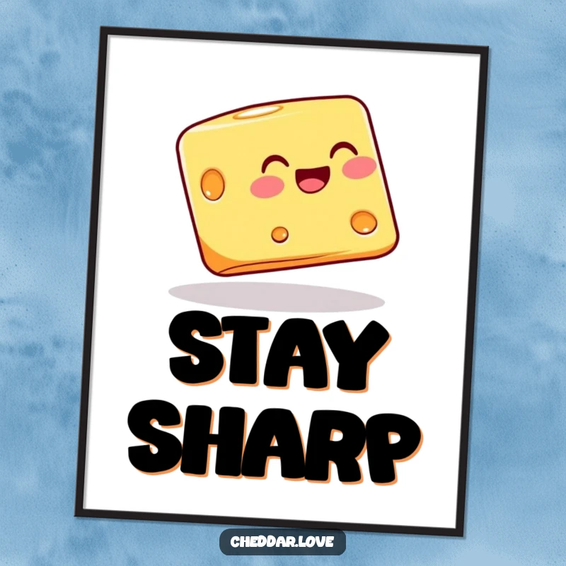 Funny cheese block in a joyful balancing act on its corner, as a poster, bringing quirky charm and humor to decor.