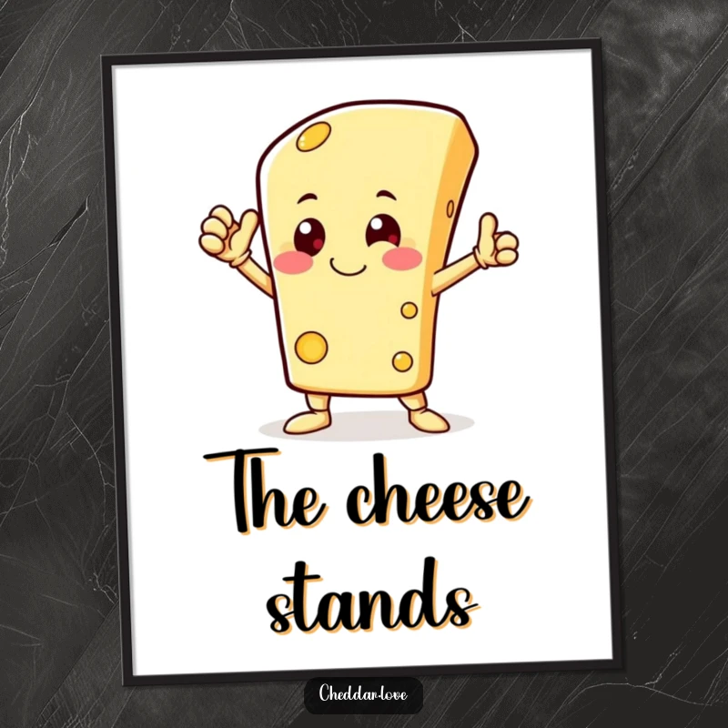 Funny poster of a happy cheese character striking a heroic pose, radiating comical bravery and whimsical charm.
