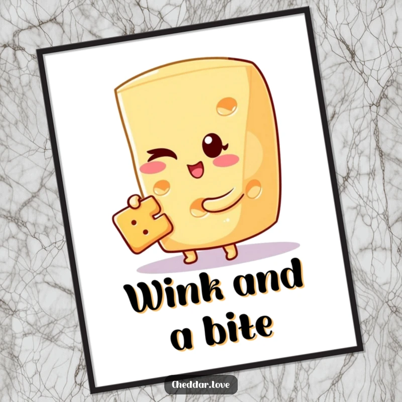 Funny poster art of a cheese wedge winking while holding a tiny cracker, perfect for kitchen or snack area.