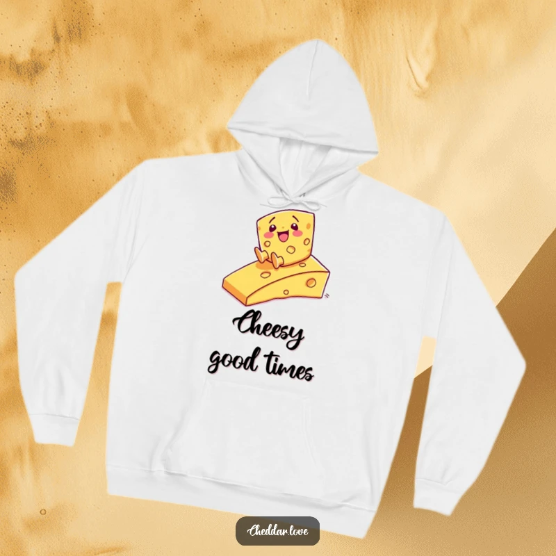 Funny Hoodie: A joyful cheese wedge character smoothly sliding down a cheesy ramp, designed for warmth and fun.