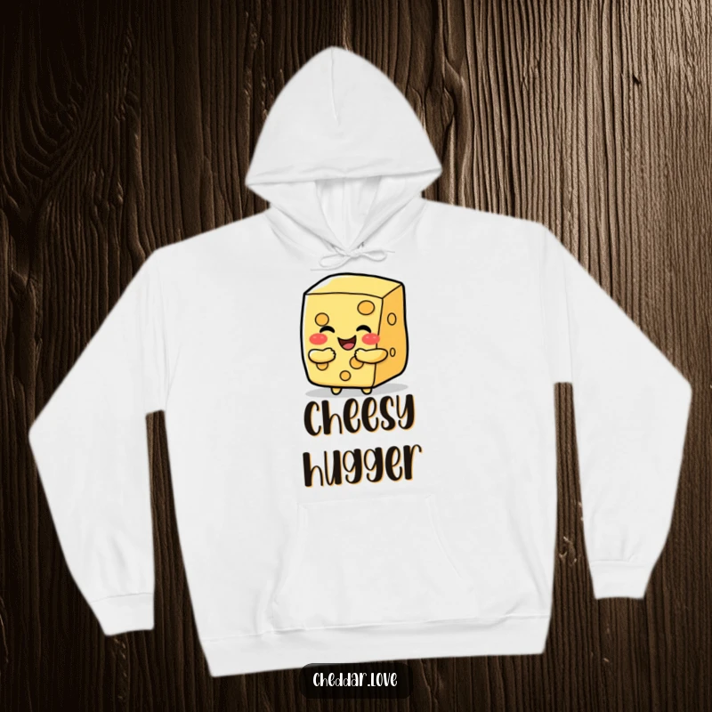 Funny happy cheese slice character offering a cheesy hug, a warm and humorous hoodie.