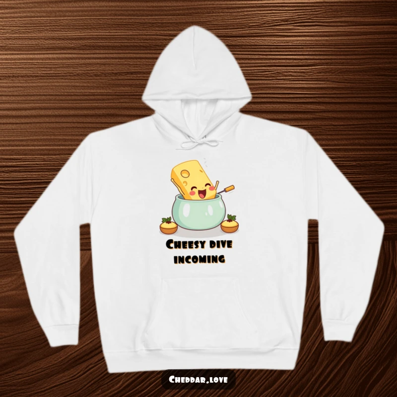 Funny, warm hoodie featuring a cheese slice leaping with joy into a delicious fondue pot, perfect for chilly days.