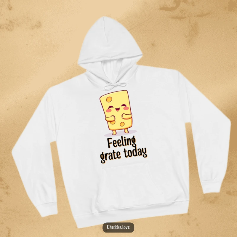Funny Hoodie: A happy, smiling cheese slice is depicted giving a big, comforting, cheesy hug, spreading joy.