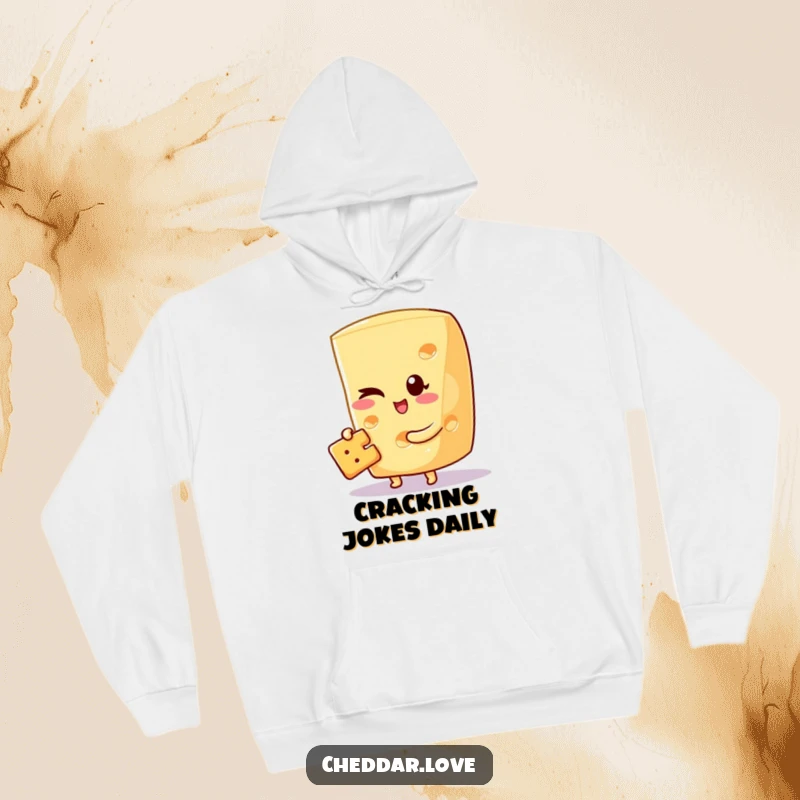 Funny, cozy hoodie featuring a cheese wedge winking with a cracker, perfect for casual, witty comfort.
