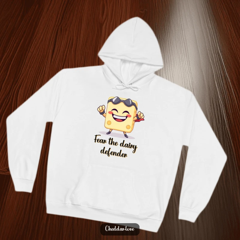 Funny cheese cube superhero hoodie, smiling heroically, ready to leap into action with cheesy determination and warmth.