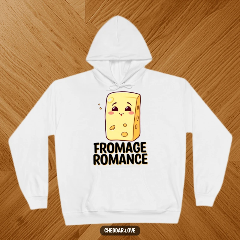 Funny grinning cheese wedge blowing a kiss, featured on a soft and funny hoodie.