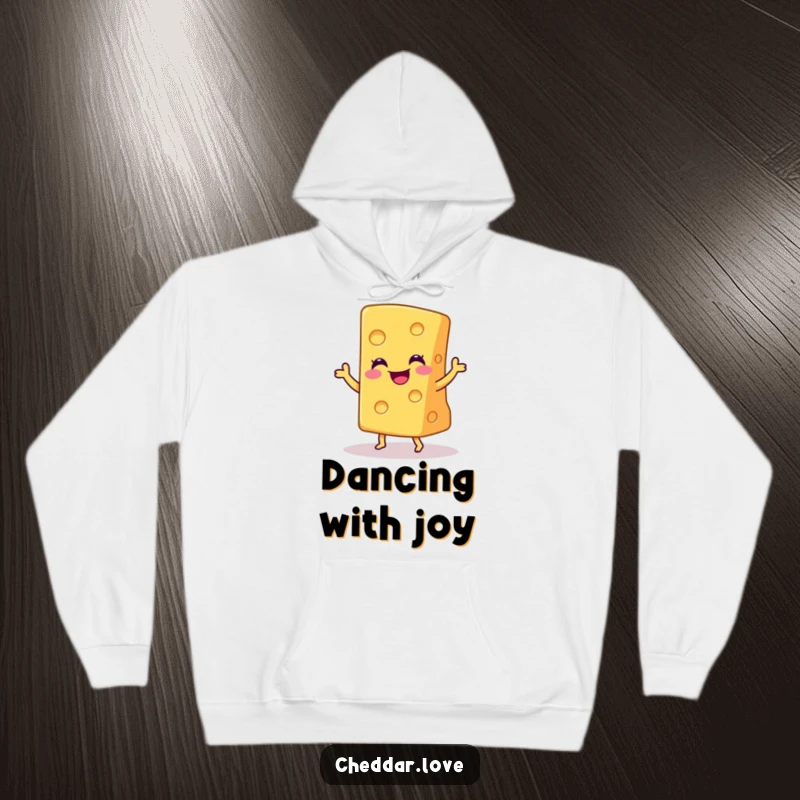 Funny hoodie depicting a smiling wedge of cheddar cheese doing a joyful little dance, offering warmth and cheer.
