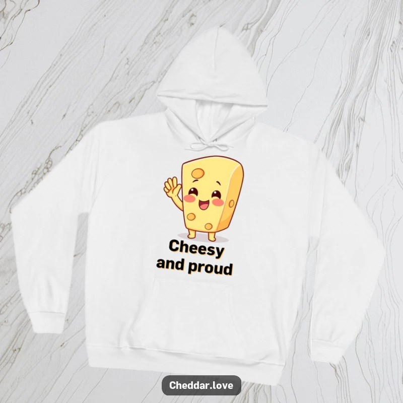 Funny cheese character cheering with a raised hand, featured on a cozy hoodie, making it a funny celebration gift.