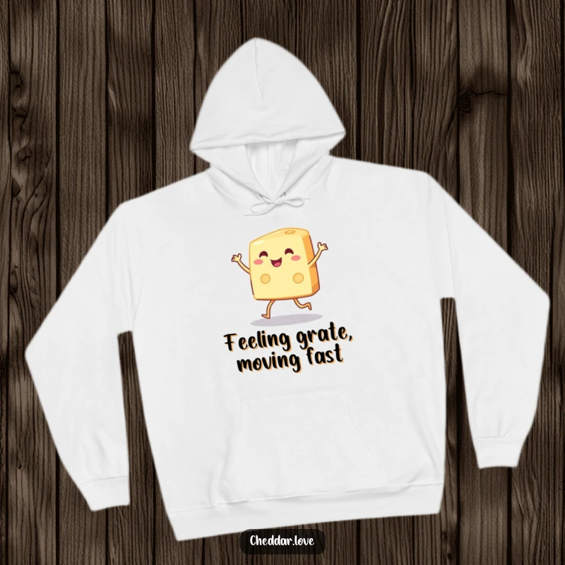 Funny wedge of cheese with tiny legs dancing joyfully on a cozy hoodie, funny gift.