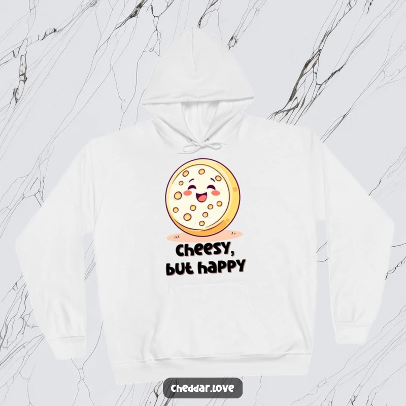 Funny happy cheese wheel rolling downhill with pure delight, a cozy and humorous hoodie design for comfort lovers.