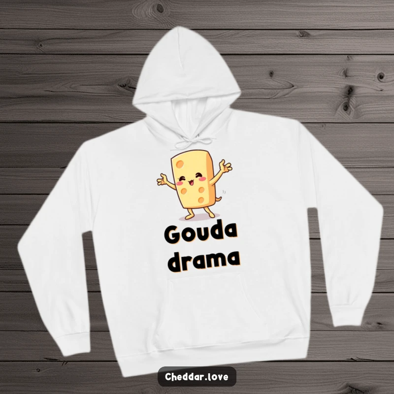 Funny cheese wedge in a dramatic pose with flourish, featured on a cozy hoodie.
