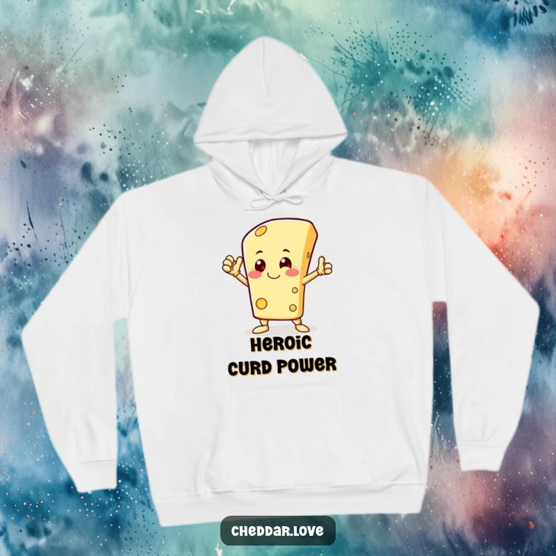 Funny hoodie with a happy cheese character striking a heroic pose, symbolizing comical bravery and whimsical heroism.