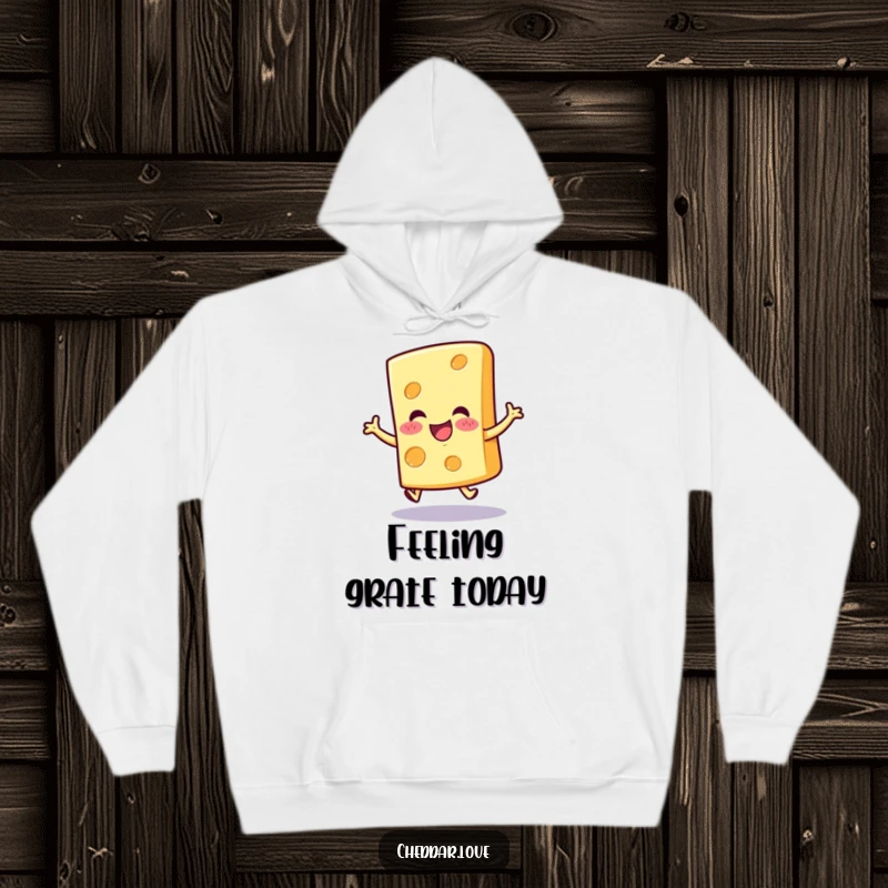 Funny cheerful cheese slice hoodie, in a joyful hop, designed for ultimate comfort and happy vibes.