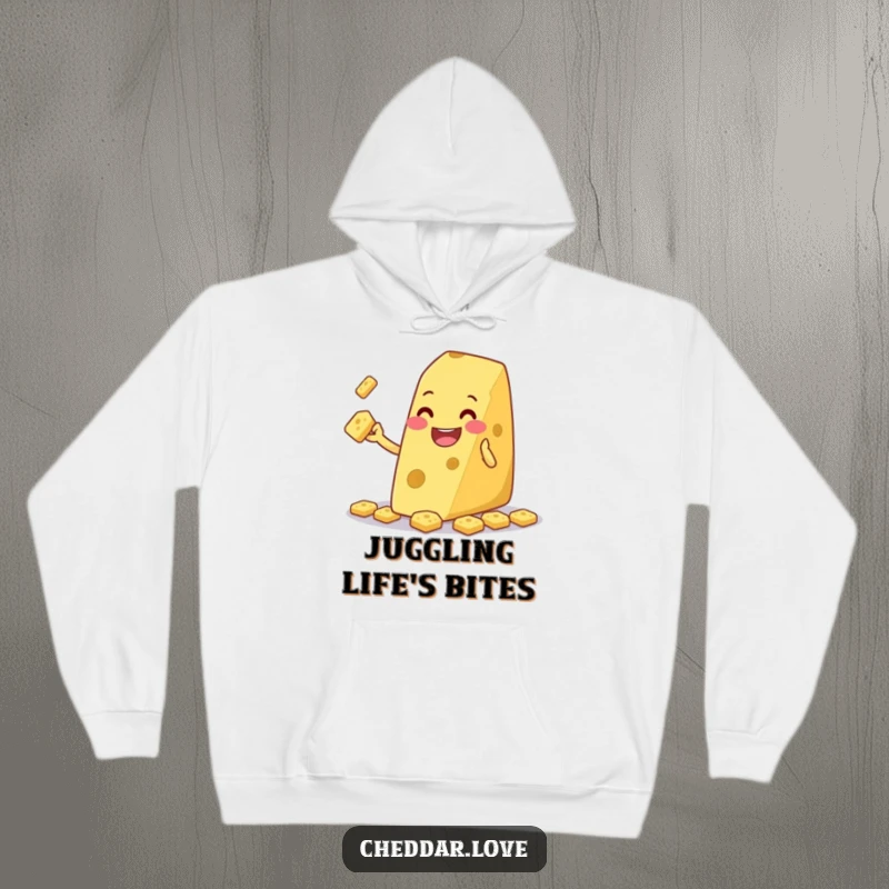 Funny grinning cheese wedge juggling tiny crackers, on a hoodie, for cozy moments and cheerful entertainment.