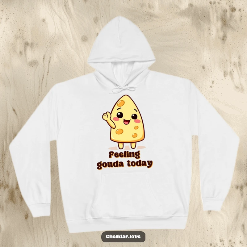 Funny cheese character doing a cheerful wave with a raised corner, on a cozy hoodie, a funny gift.