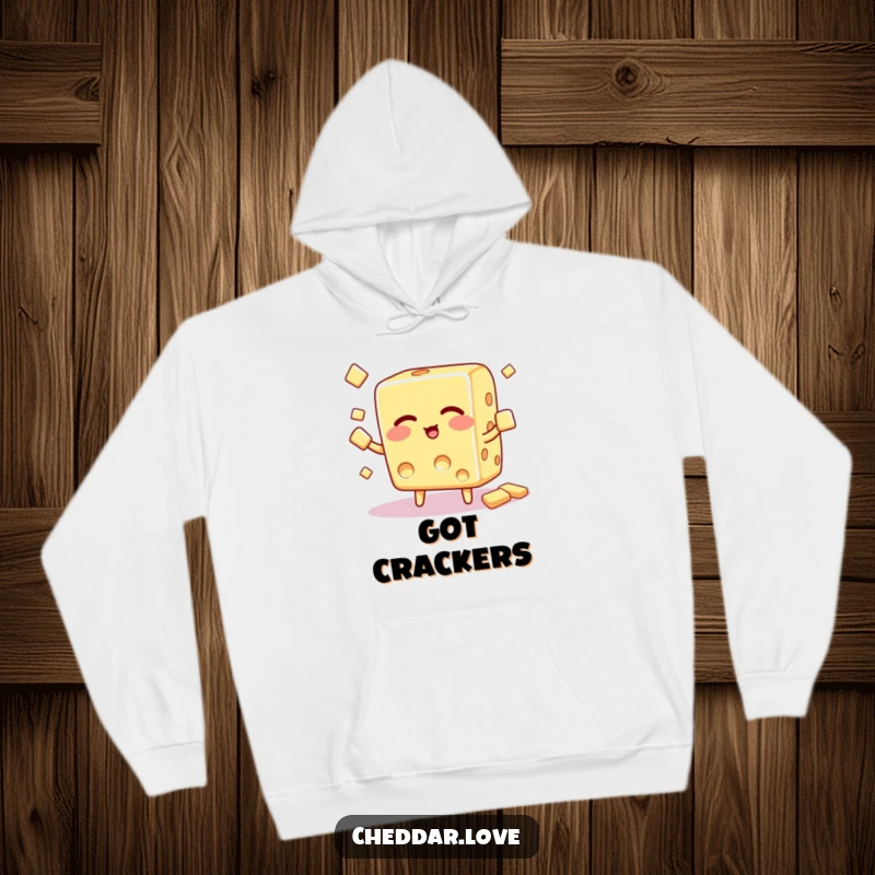 Funny Hoodie: A cheese cube with a sly wink juggles multiple crackers, exuding playful confidence and skill.