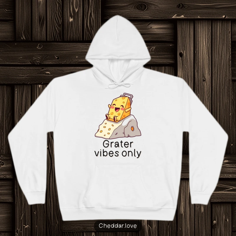 Funny Cheddar Cheese Hoodie, a happy character sliding down a cheese grater mountain, offering warmth and playful vibes.