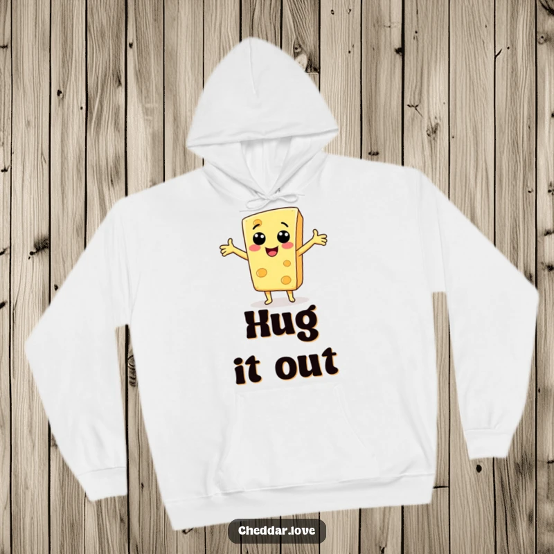 Funny Hoodie: A smiling cheese slice with open arms, designed for cozy welcomes and humorous style.