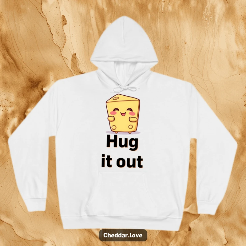 Funny hoodie showcasing a smiling wedge of cheese in a warm, friendly hug, perfect for cozy days and cheesy jokes.