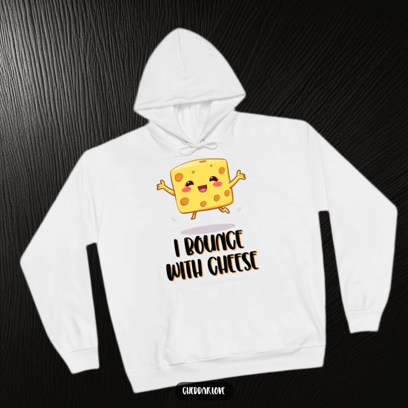 Funny Hoodie: A cheese cube performing a comically wobbly jump, designed for ultimate comfort and humorous style.