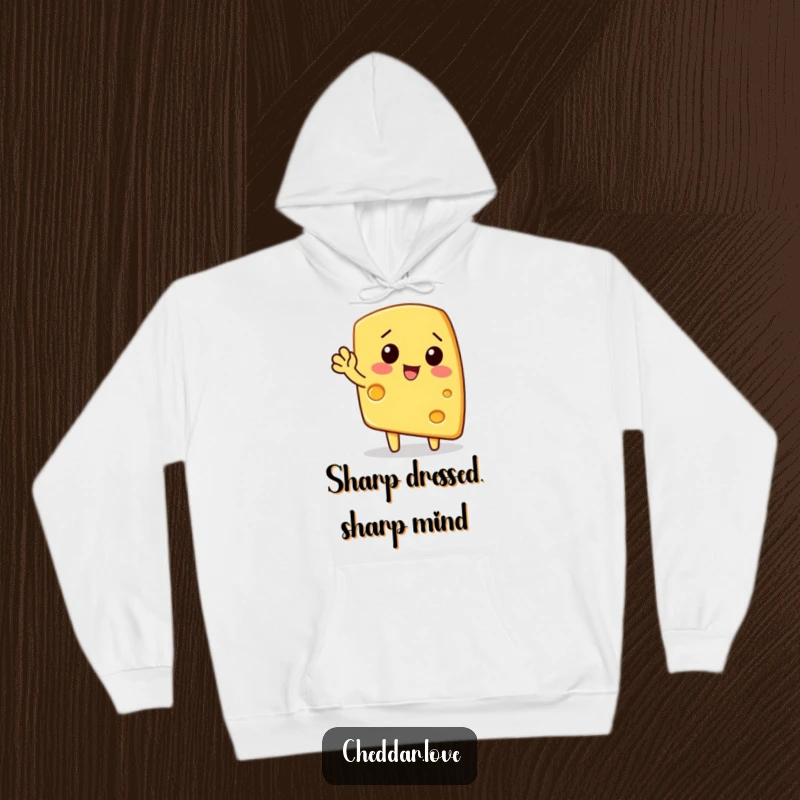 Funny hoodie: A enthusiastic wedge of cheese waves hello, a warm and humorous apparel piece.