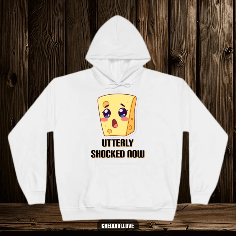Funny hoodie featuring a wide-eyed, open-mouthed cheese slice in a hilarious state of surprise. A great funny gift.