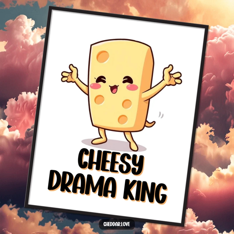 Funny Free Printable Wall Art: A piece of cheese striking a theatrical, dramatic pose with a flourish, adding quirky charm.