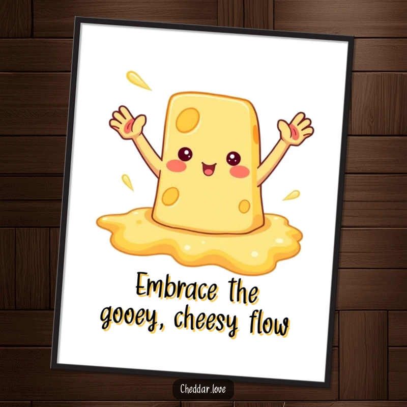 Funny Free Printable Wall Art of a happy melted cheese puddle waving hello, ideal for humorous DIY decor.