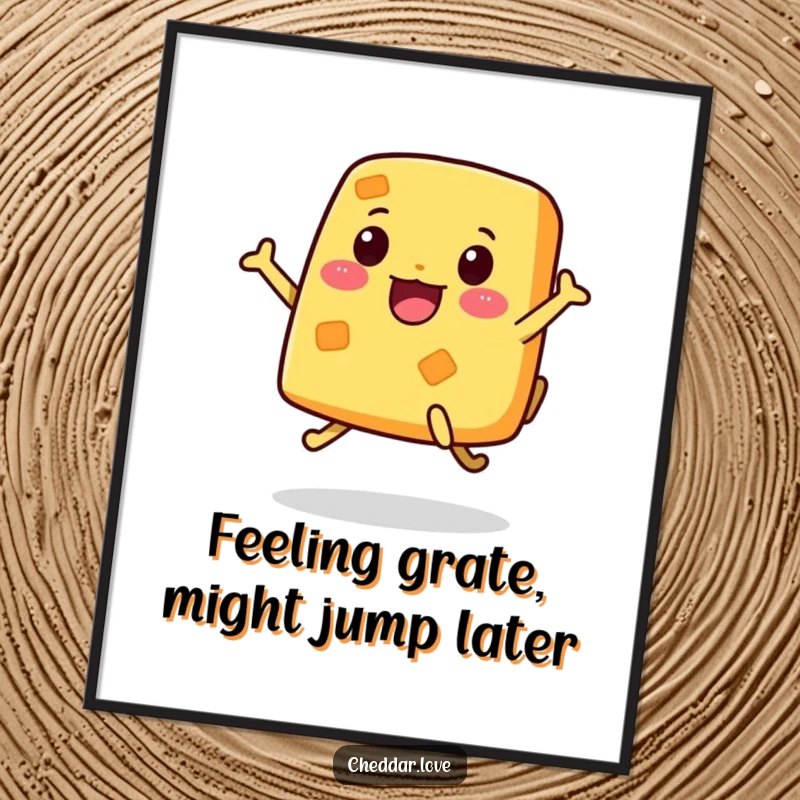 Funny free printable wall art featuring a characterful cheese with legs joyfully jumping, ready to add humor to your space.